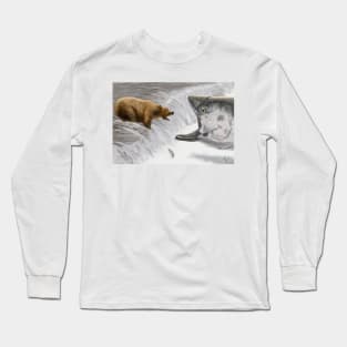 Funny Bear and Salmon Fishing Humorous Art Long Sleeve T-Shirt